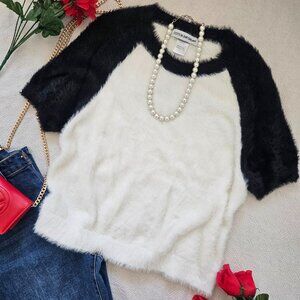 Cotton Emporium Fuzzy Knit Sweater Black White Raglan Soft Top L NWOT